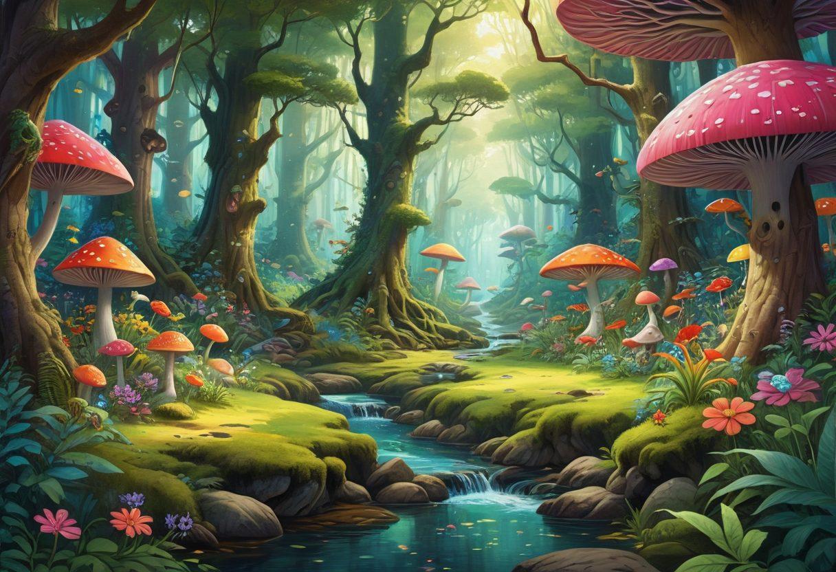 A whimsical and colorful illustration capturing an enchanting forest filled with animated characters from adult anime, incorporating quirky creatures and lush flora. Include a mix of fantasy and adult themes, showcasing vibrant colors and playful expressions. The scene should evoke a sense of adventure and curiosity, inviting the viewer to explore. surrealism. bright colors. dynamic composition.
