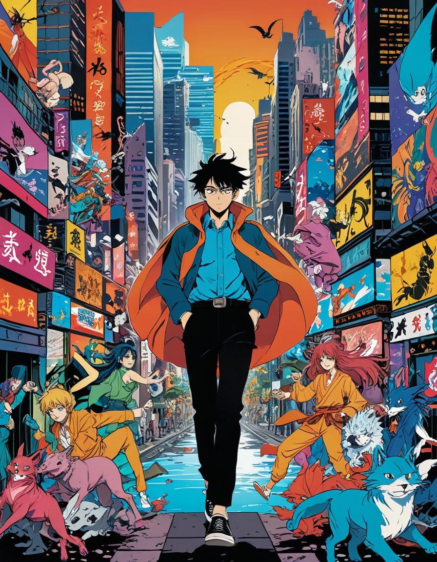 A vibrant collage showcasing the transformation from manga panels to animated scenes, featuring iconic adult anime characters in dynamic poses. Incorporate elements of traditional manga techniques like ink lines and vibrant animation colors. Include a cinematic background that blends a modern cityscape with a fantasy world, emphasizing the cultural depth of adult anime. The overall image should radiate energy and creativity. super-realistic. vibrant colors. dynamic composition.